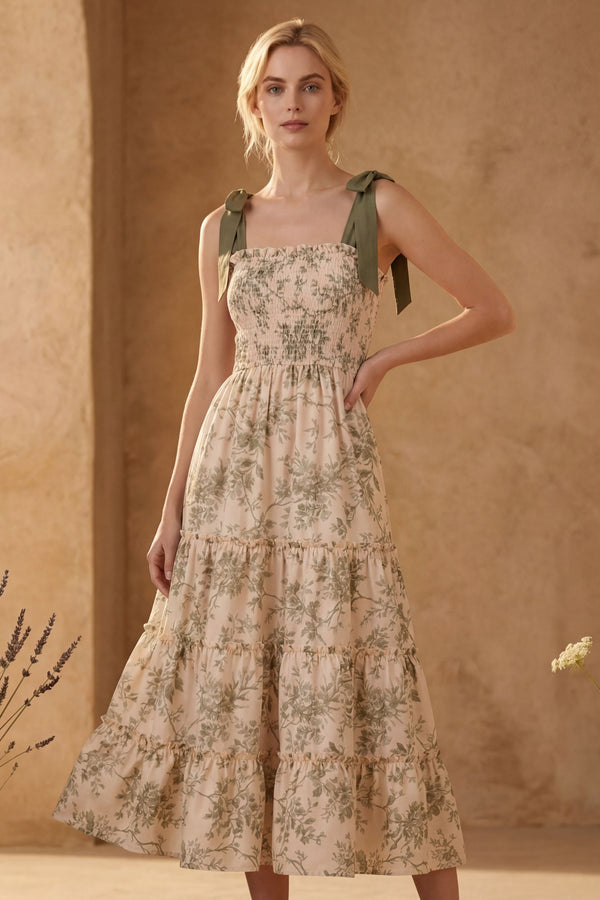 Anya Robe Midi Étagée Imprimé Floral Bretelles Nouer
