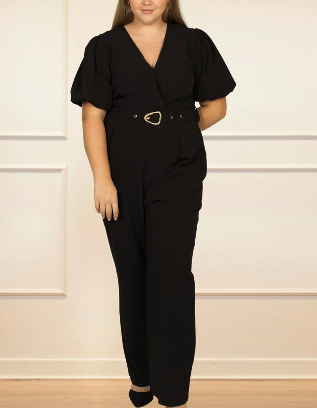 Apolline Jumpsuit Self Belted Puff Sleeves Black - Onze Montreal