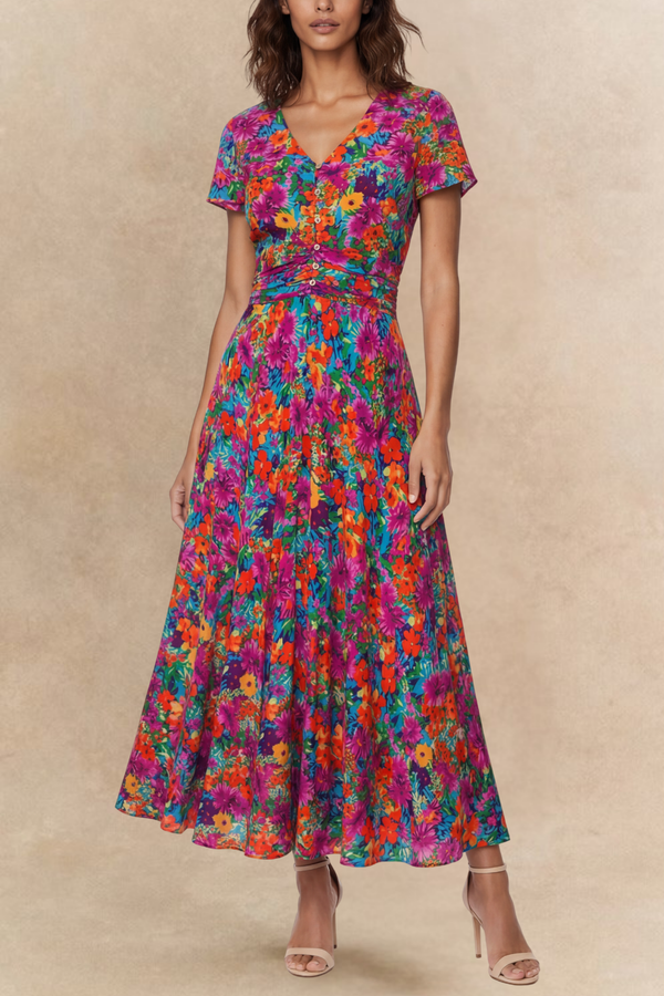 Arianna Robe Maxi Florale Manches Volantes Taille Froncée