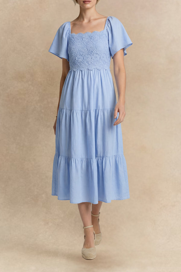Aurora Robe Midi Manches Courtes Dentelle