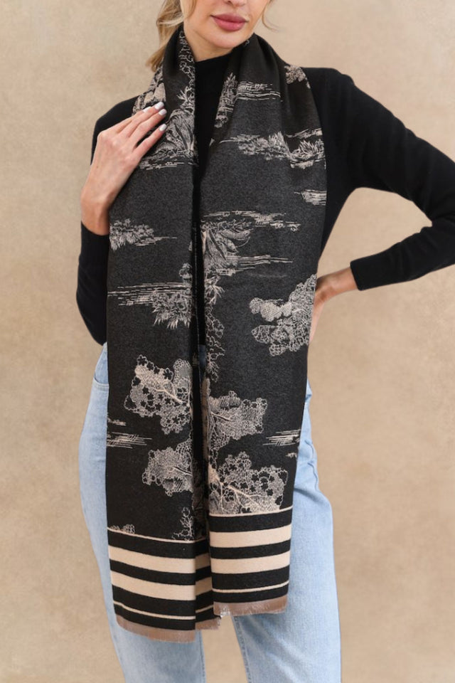 Scenic Print Scarf with Striped Border