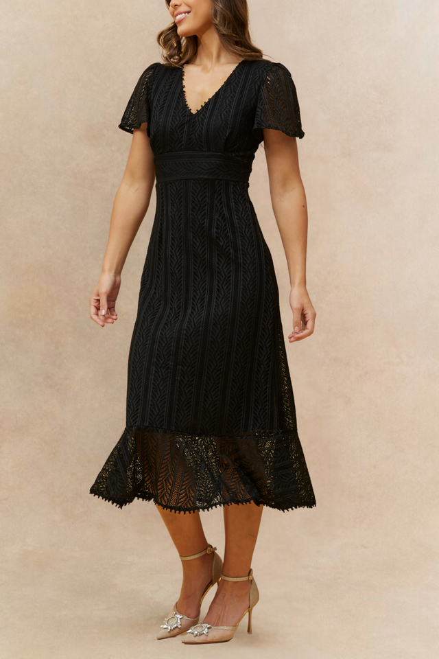 Bonnie Robe Midi Tricot Crochet avec Doublure et Manches Courtes