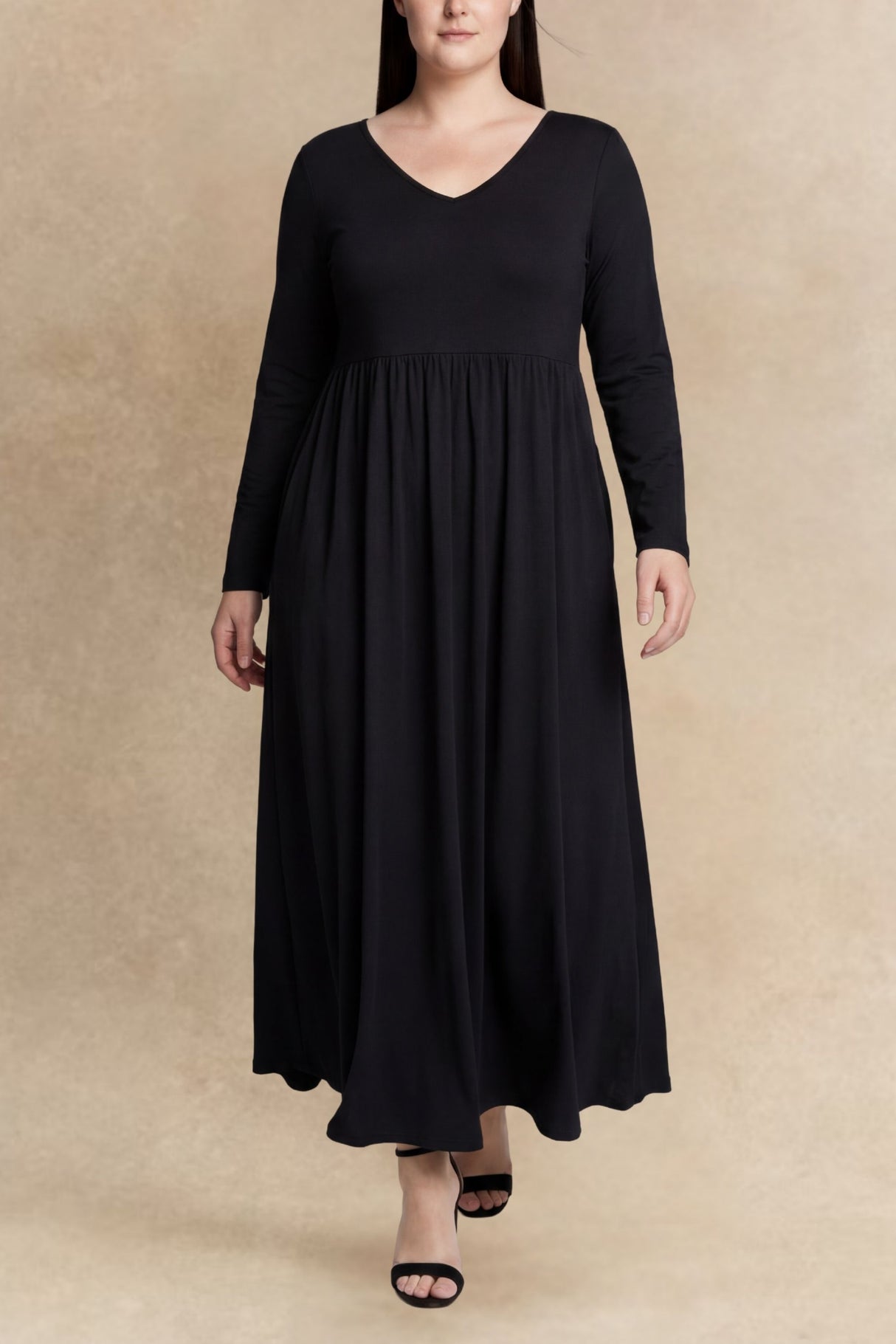 Becky Robe Midi Col V Manches Longues Poches