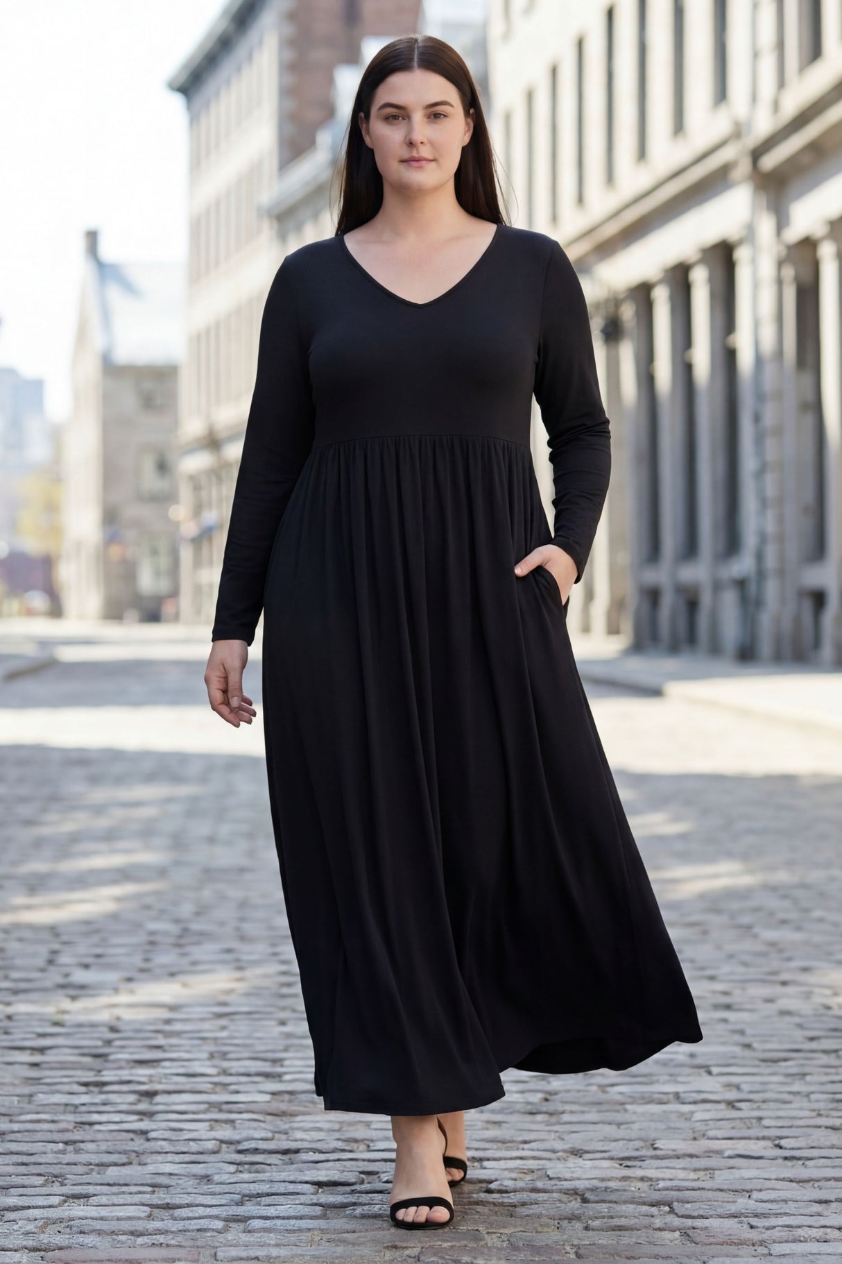 Becky Robe Midi Col V Manches Longues Poches