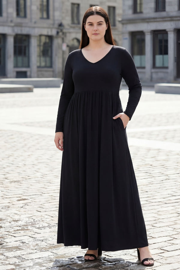 Becky Robe Midi Col V Manches Longues Poches