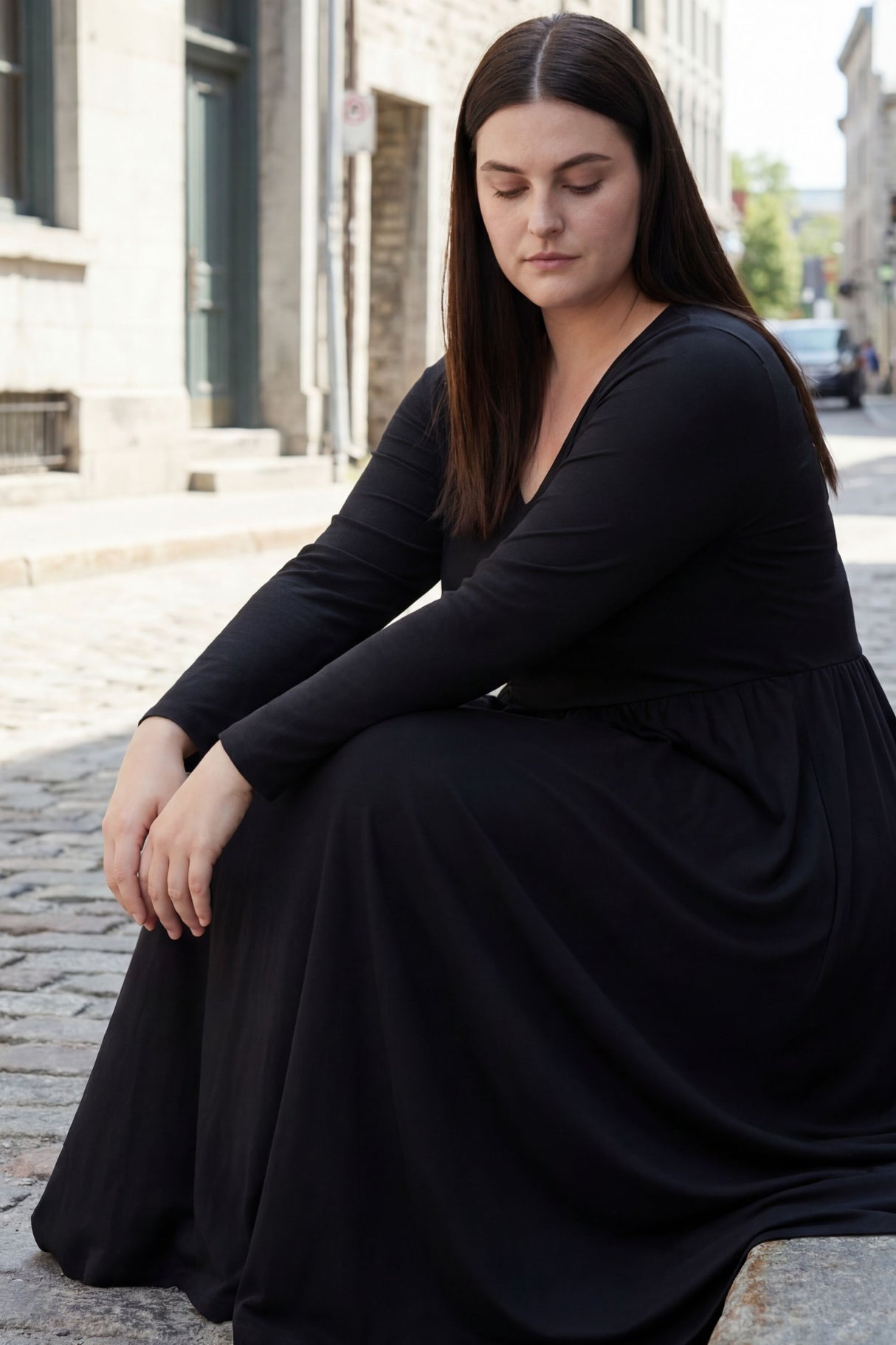Becky Robe Midi Col V Manches Longues Poches