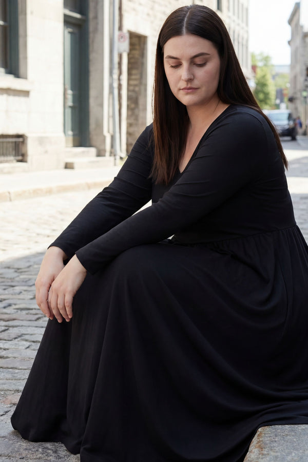 Becky Robe Midi Col V Manches Longues Poches