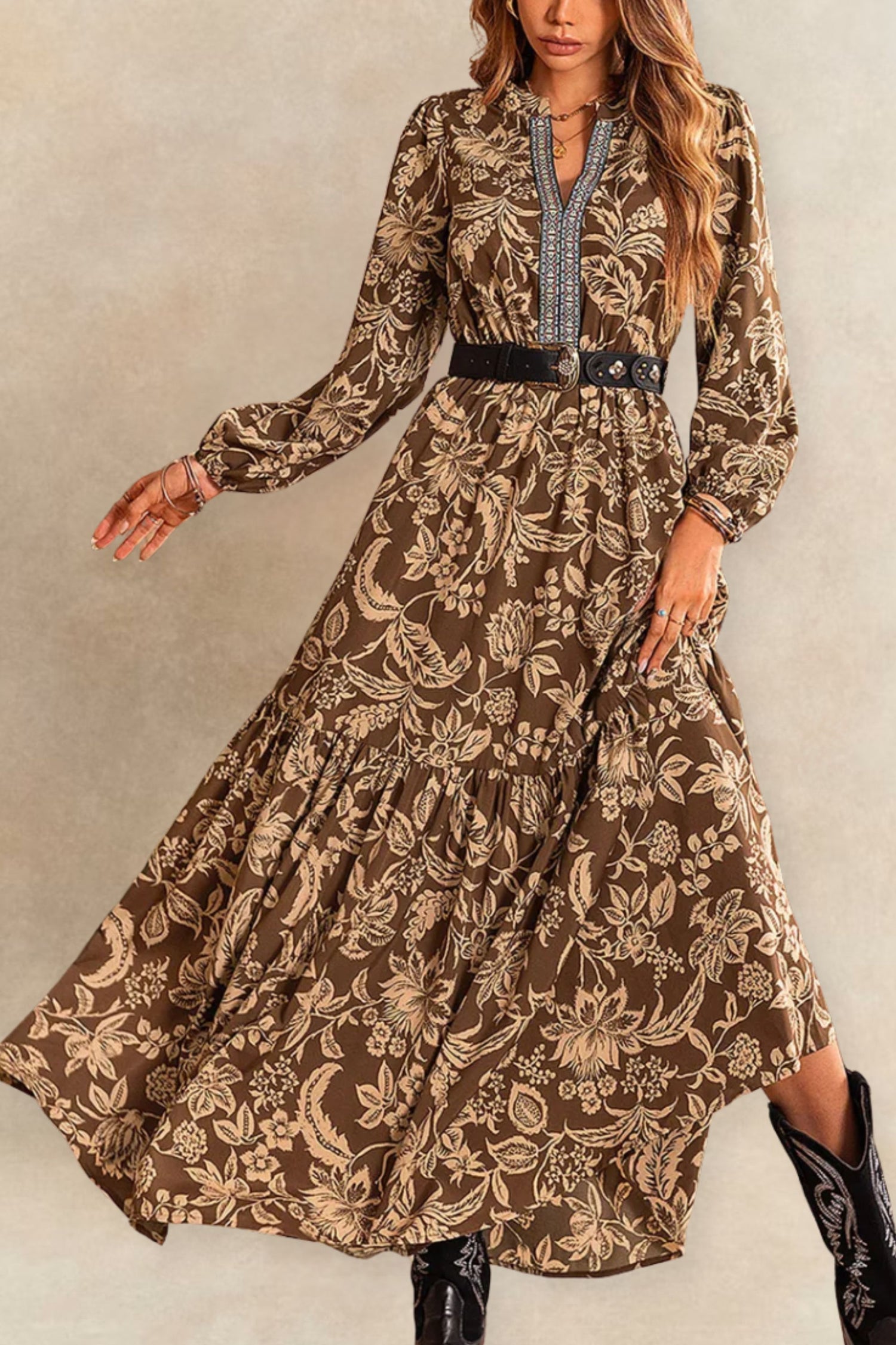 Bertha Boho Floral Maxi Dress Long Sleeves V-Neck Tiered