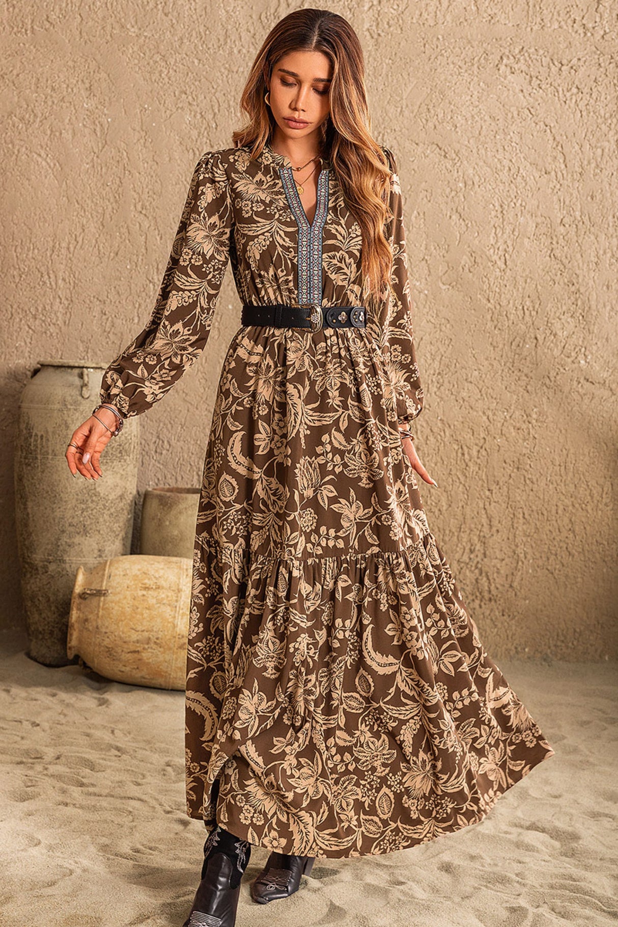 Bertha Boho Floral Maxi Dress Long Sleeves V-Neck Tiered