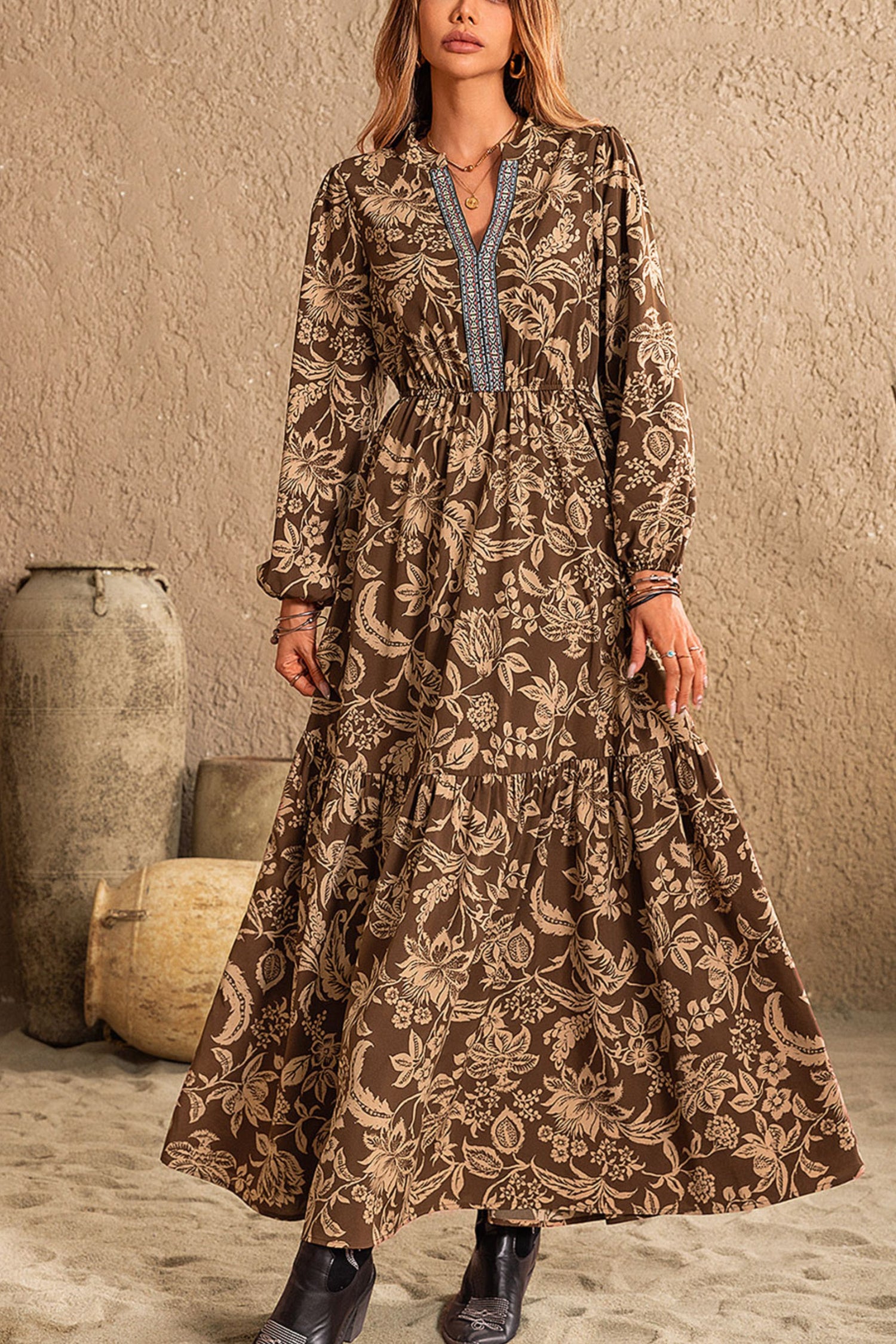 Bertha Boho Floral Maxi Dress Long Sleeves V-Neck Tiered Onze Montreal Bertha Boho Floral Maxi Dress Long Sleeves V-Neck Tiered Onze Montreal