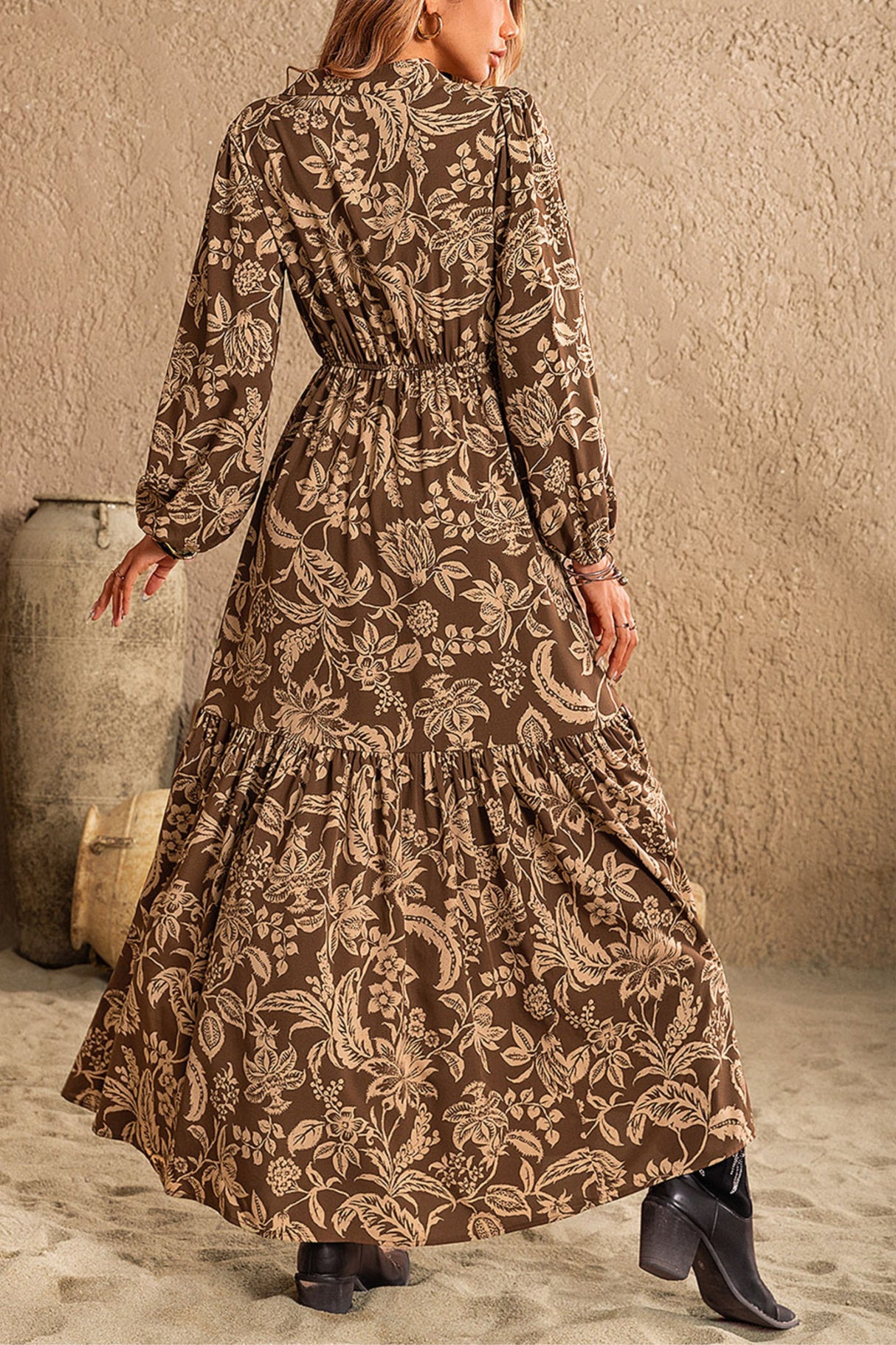 Bertha Boho Floral Maxi Dress Long Sleeves V-Neck Tiered