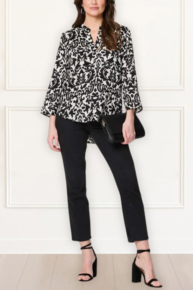 Bessie-Top-Split V-Neck-Printed-Blouse-Black-3