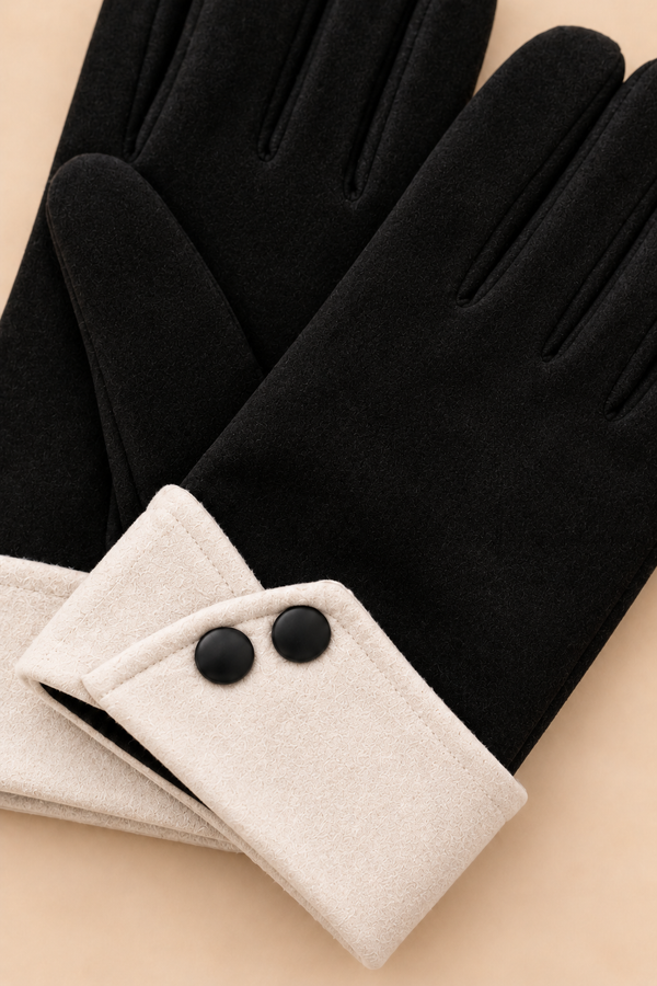 Black Winter Gloves Finger Opening Contrast Button Cuff