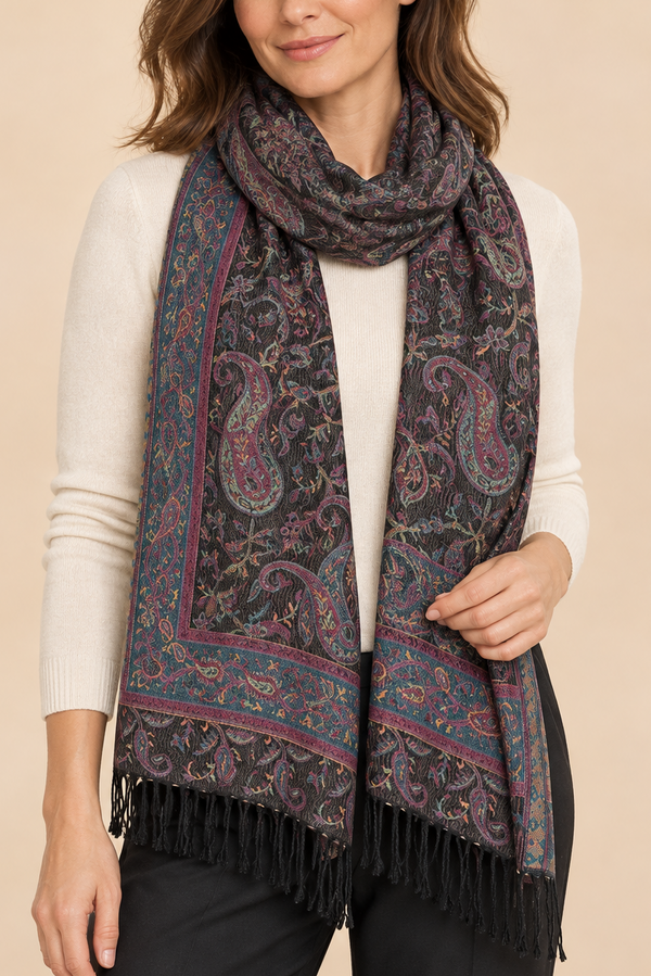 Foulard Pashmina Jacquard Motifs Noir