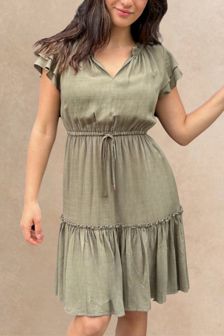 Mireille Short Dress Frilled Sleeves Tiered Tie Waist