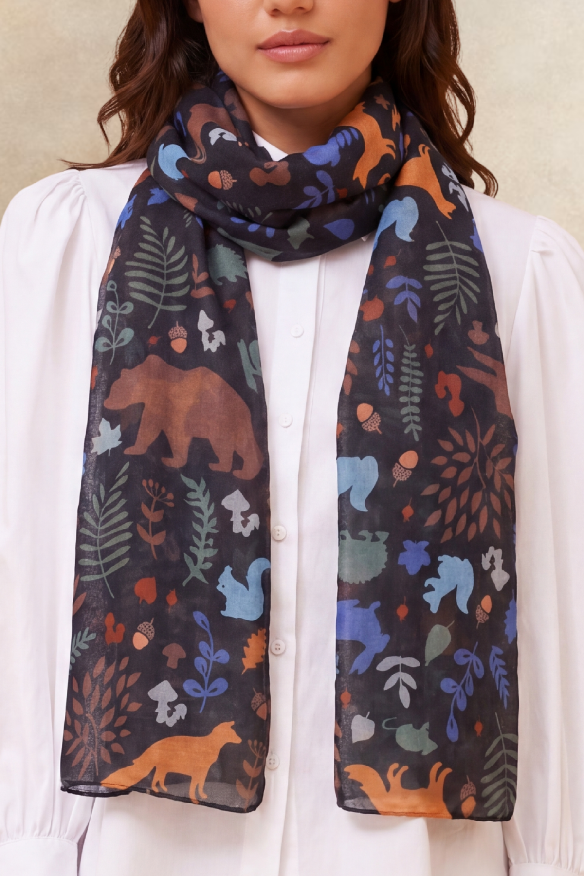 Scarf Forest Animals Print Black
