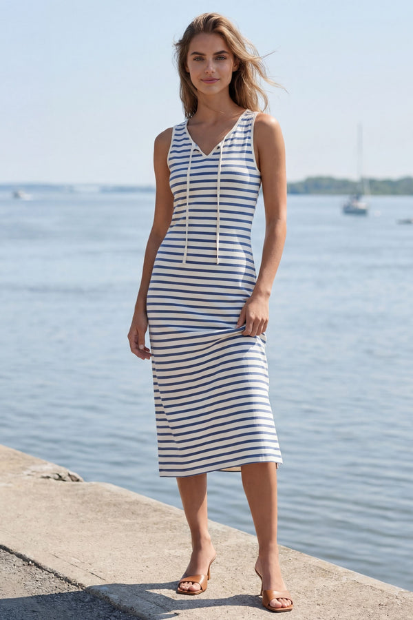 Brenda Robe Midi Col V Fendu Rayures