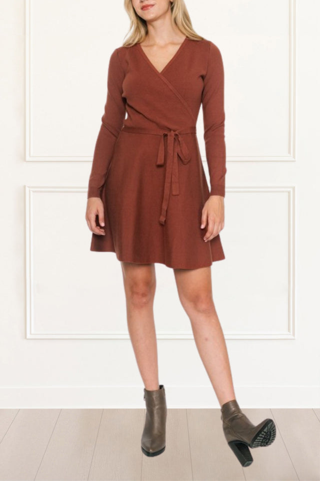 Camilla Knit Dress Crossover Side Tie Long Sleeves