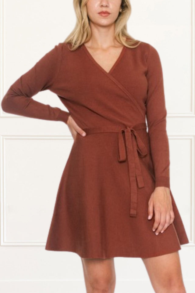 Camilla Knit Dress Crossover Side Tie Long Sleeves