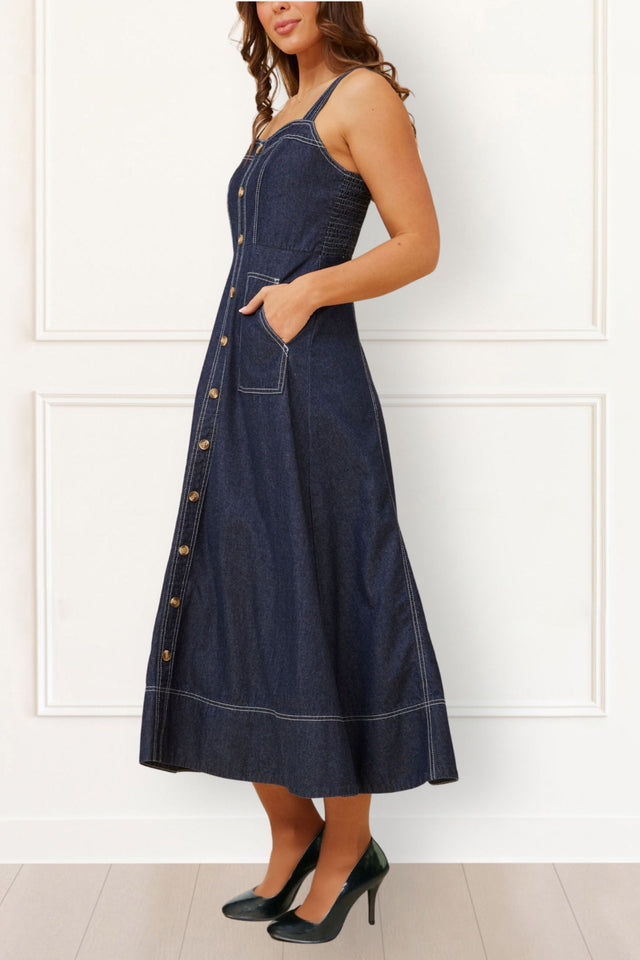 Charlie Denim Midi Dress Button Front - Onze Montreal XS / Navy Annick