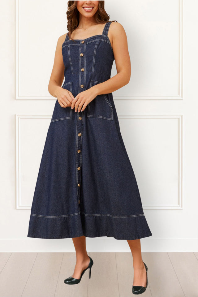 Charlie Denim Midi Dress Button Front - Onze Montreal XS / Navy Annick