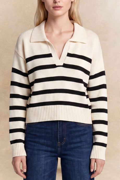Charlotte Striped Polo Collar Knit Sweater