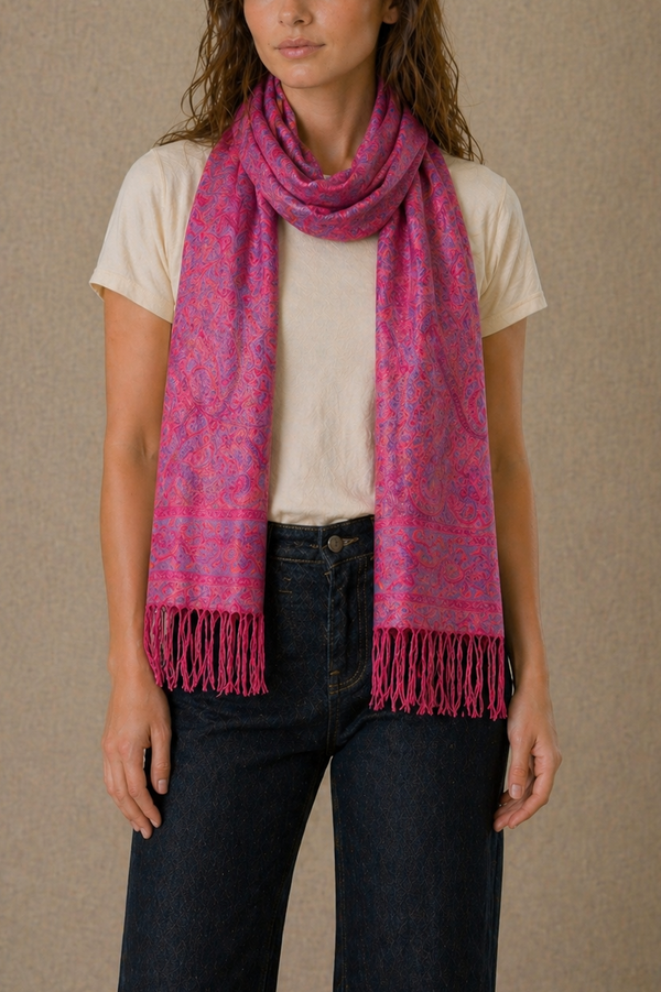 Écharpe jacquard pashmina motif cachemire fucshia
