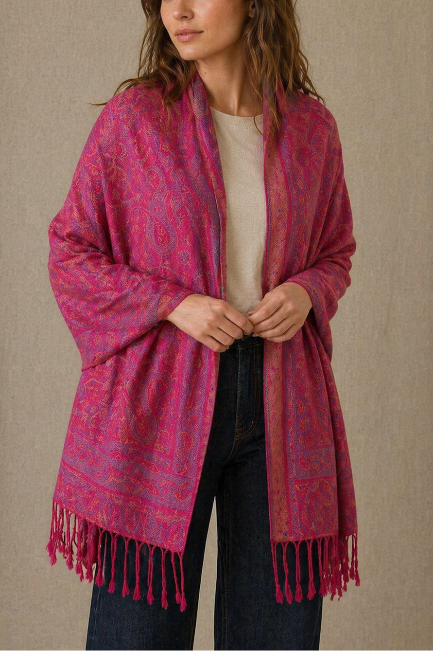 Écharpe jacquard pashmina motif cachemire fucshia