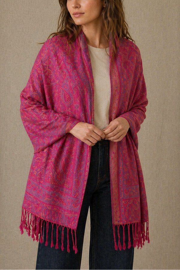Écharpe jacquard pashmina motif cachemire fucshia
