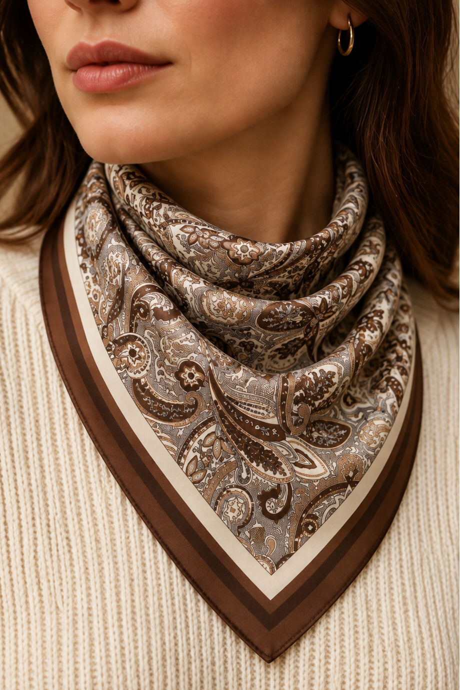 Foulard carré brun à bordure cachemire