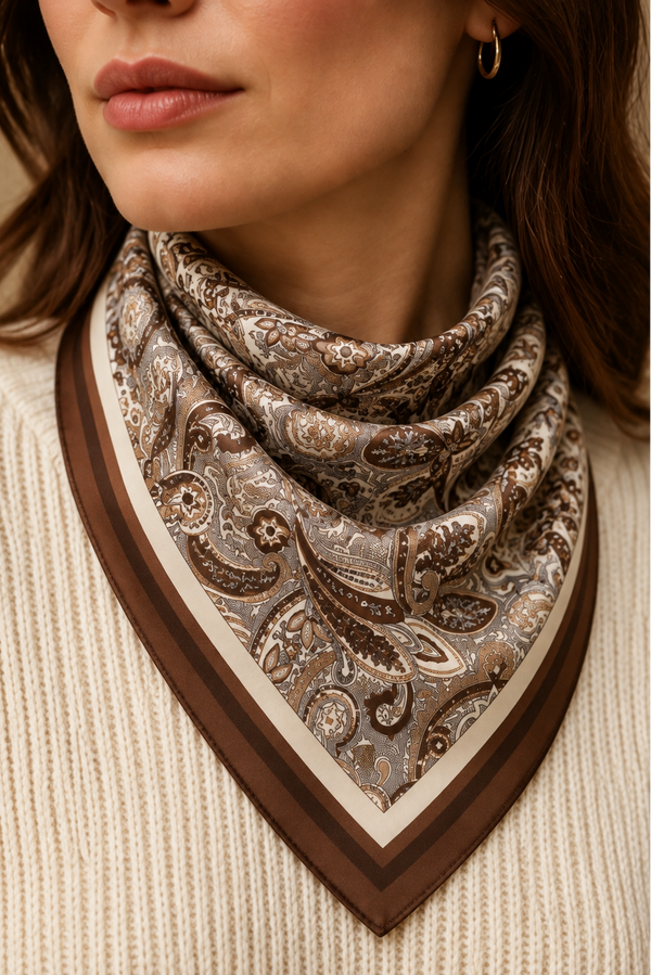 Foulard carré brun à bordure cachemire