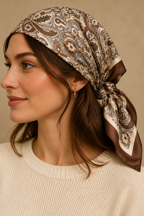 Foulard carré brun à bordure cachemire