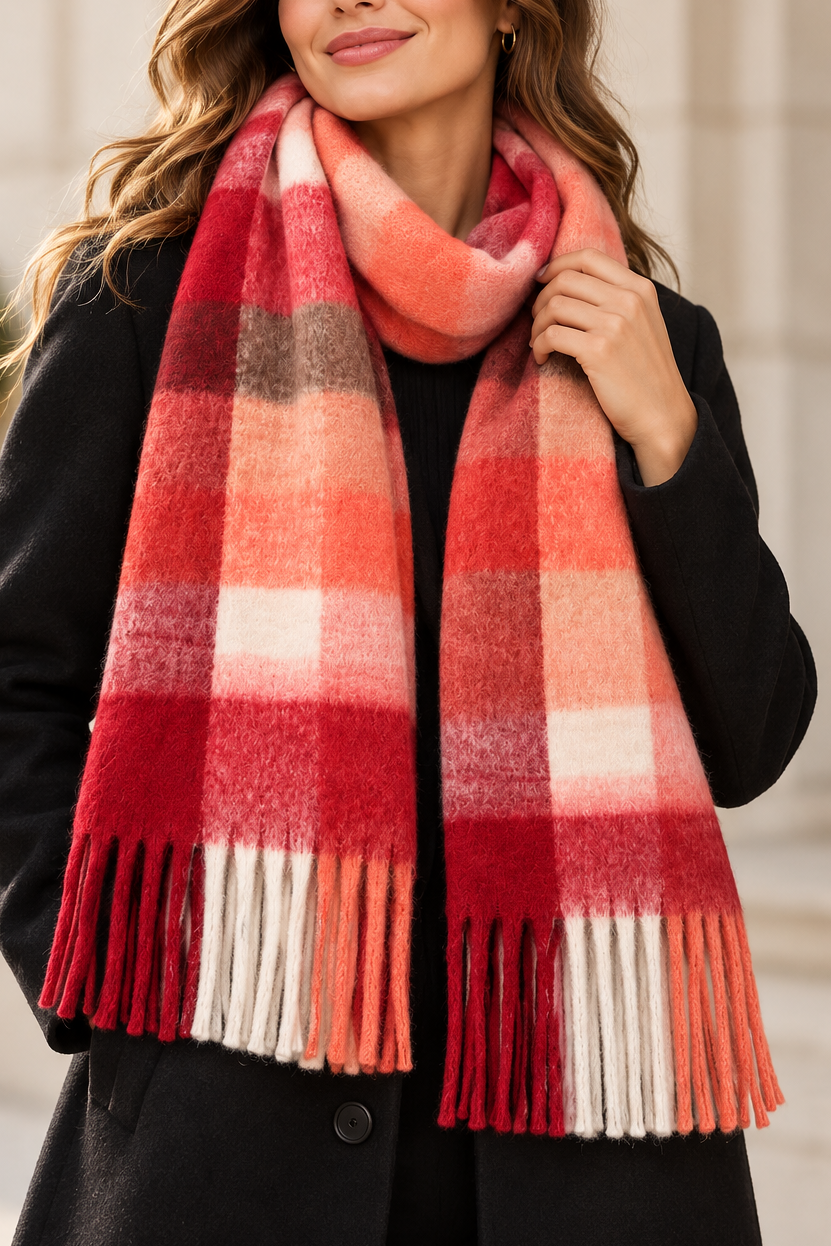 Foulard à carreaux corail et crème à franges