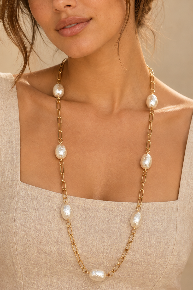 Long Pearl-Look Chain Necklace