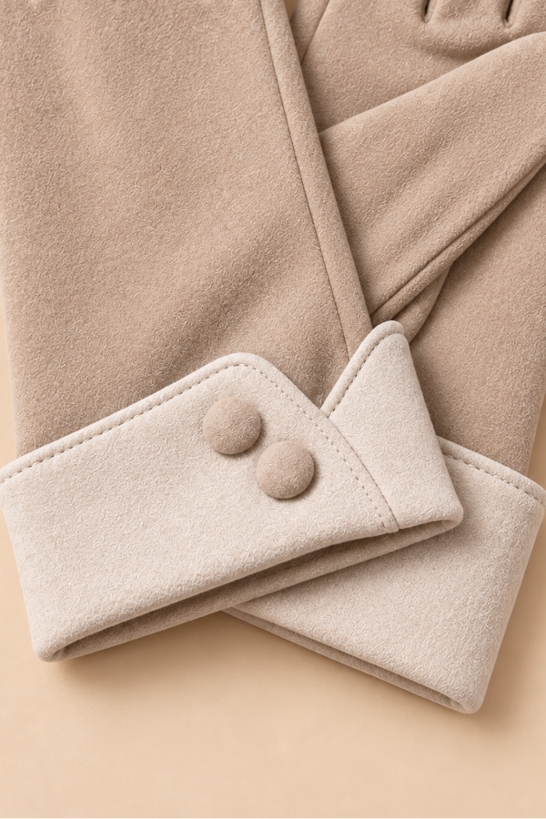 Beige Winter Gloves Finger Contrast Button Cuffs