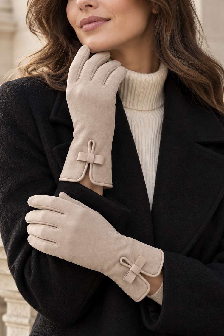 Beige Winter Gloves Elegant Bow Detail