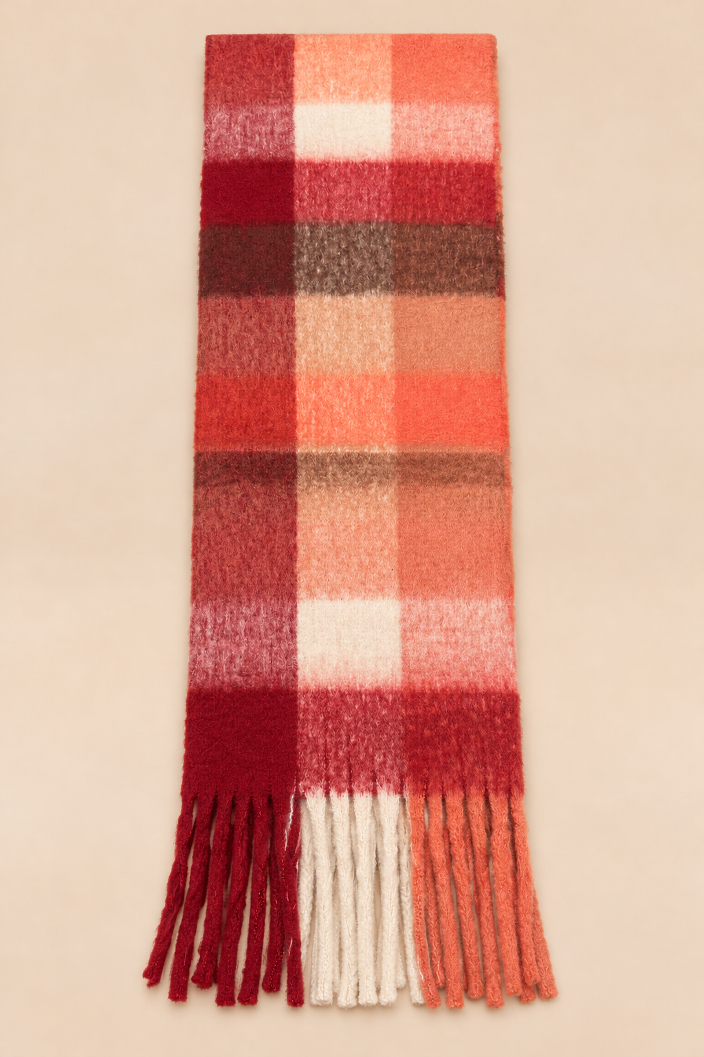 Coral & Cream Plaid Fringe Scarf