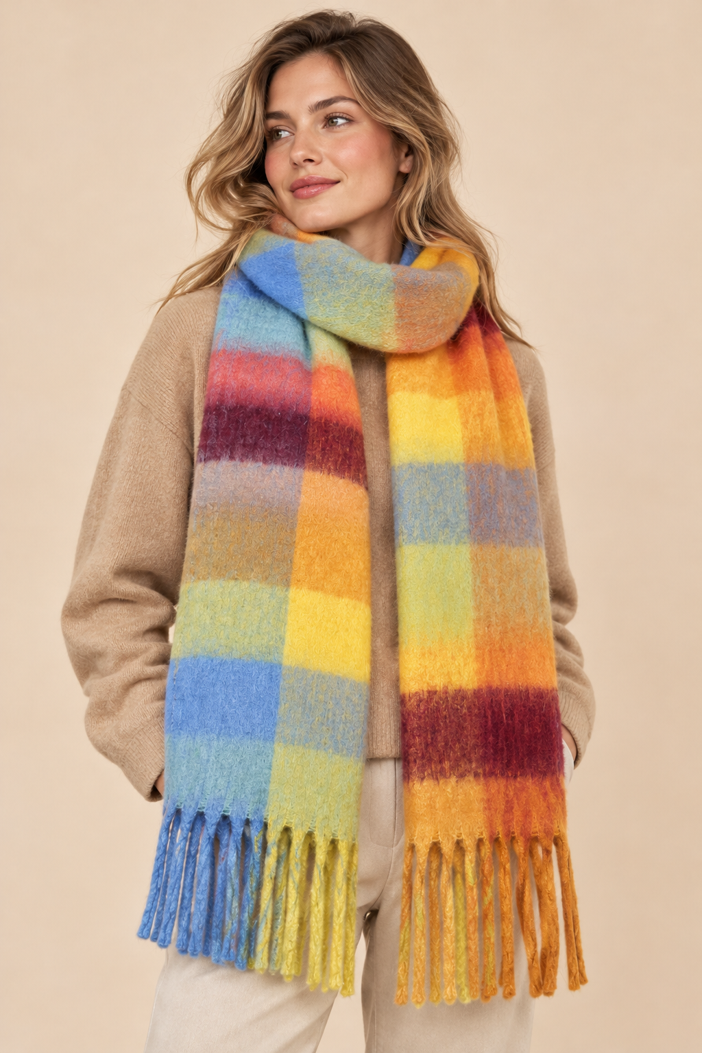 Multicolour Plaid Fringe Scarf