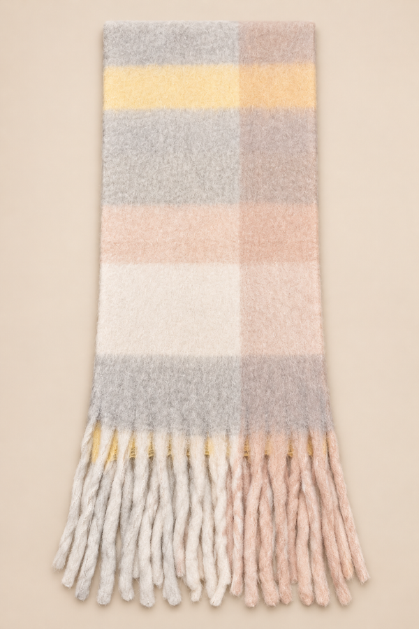 Soft Pastel Plaid Fringe Scarf