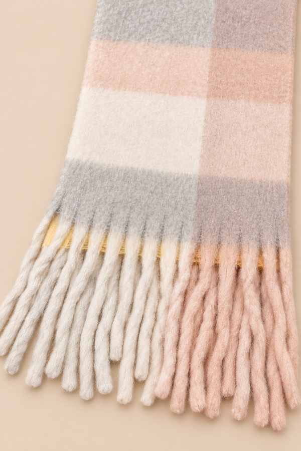Soft Pastel Plaid Fringe Scarf