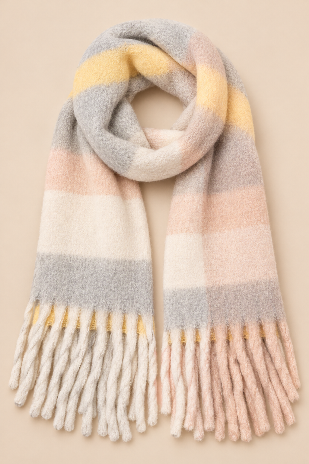 Soft Pastel Plaid Fringe Scarf