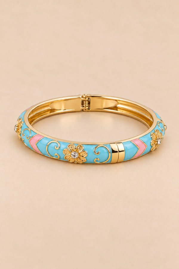 Jonc articulé émaillé bleu et rose avec fini doré