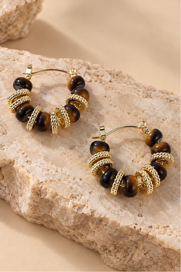 Brown Beaded Tigre Eye Hoop Earrings