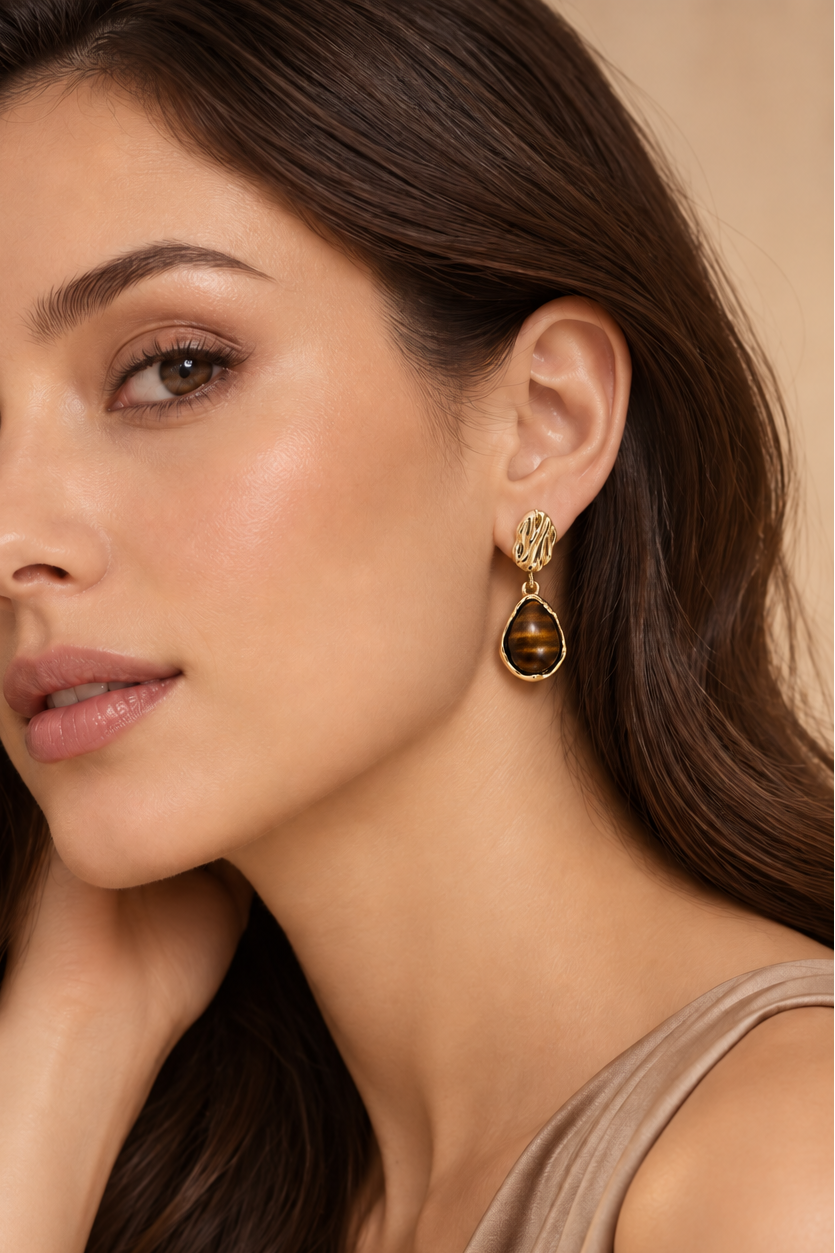 Brown & Gold Teardrop Drop Earrings
