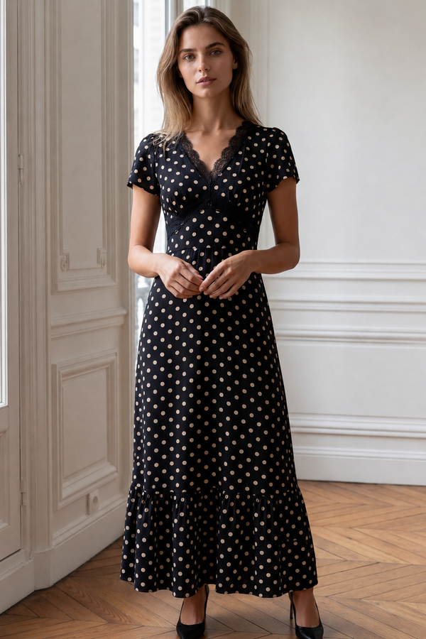 Constance robe maxi noire à pois