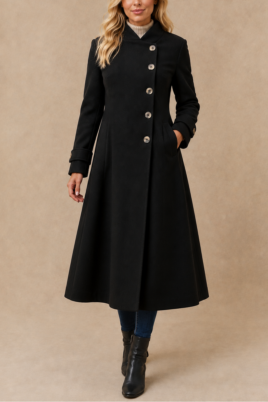 Harper Retro Flared Coat Side Buttons Elegant