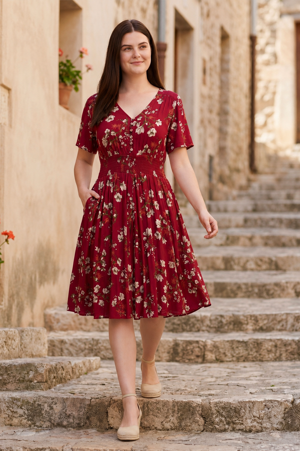 Dimi Floral Short Dress Smocked Waist Pockets