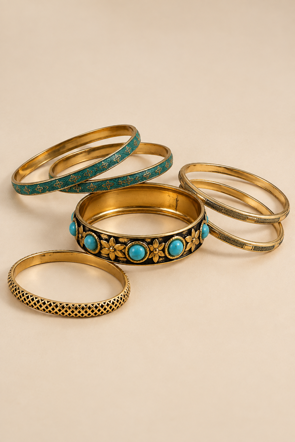 Ensemble de joncs vintage turquoise et dorés