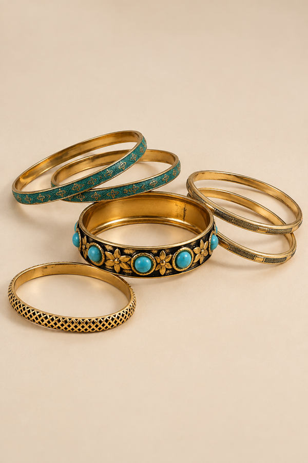 Ensemble de joncs vintage turquoise et dorés