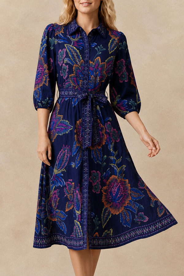 Robe-chemisier Adelina bleu marine à imprimé floral